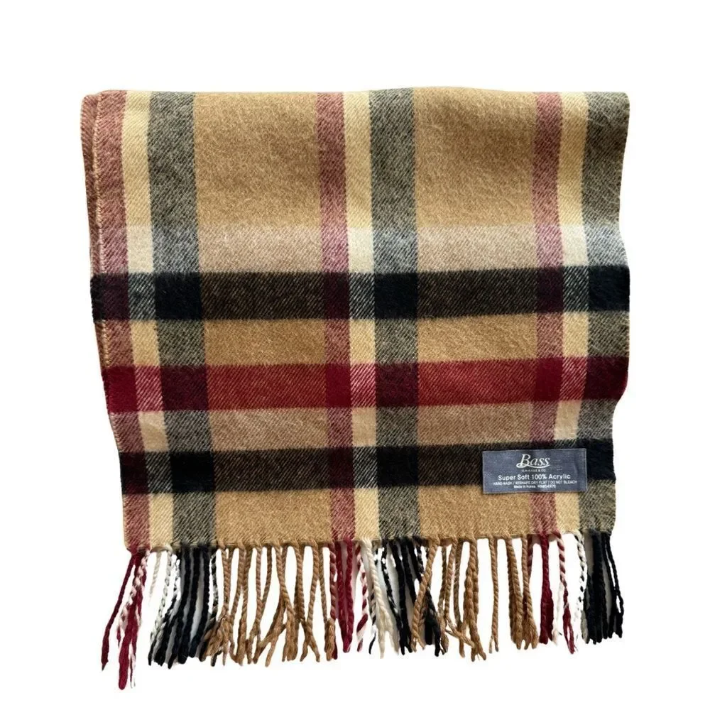 Bass Plaid Cashmere Feel Classic Soft Luxurious Winter Scarf Unisex (Camel)
